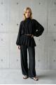 KADIN SİYAH SATEN PEPLUM ŞALVAR PANTOLON KROP BALON BLUZ PREMİUM TAKIM YY101419