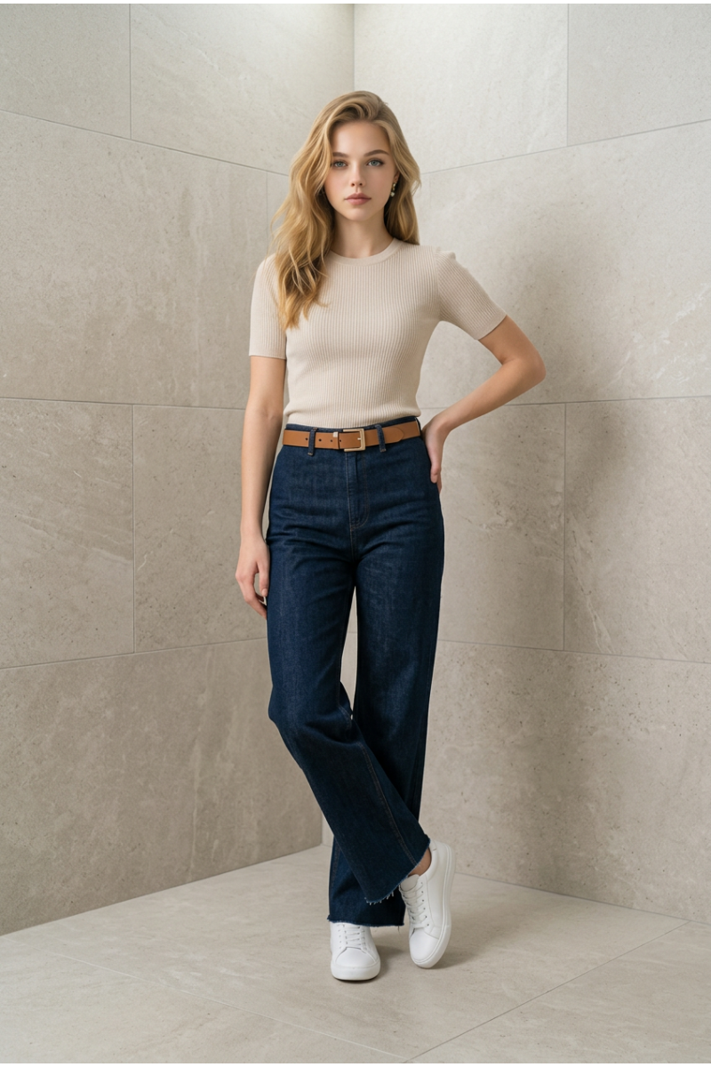 KADIN KOYU MAVİ LİKRALI BOL PAÇA CAMEL KEMERLİ KOT PANTOLON JEAN YY101425