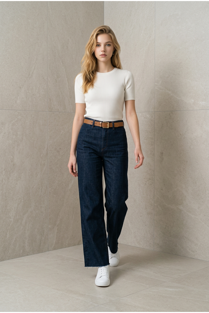 KADIN KOYU MAVİ LİKRALI BOL PAÇA CAMEL KEMERLİ KOT PANTOLON JEAN YY101425