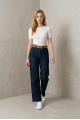 KADIN KOYU MAVİ LİKRALI BOL PAÇA CAMEL KEMERLİ KOT PANTOLON JEAN YY101425