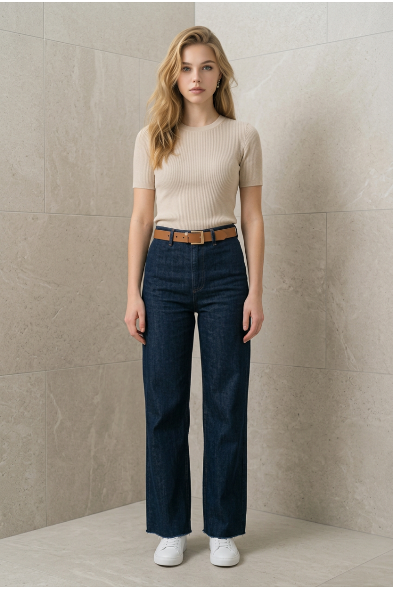 KADIN KOYU MAVİ LİKRALI BOL PAÇA CAMEL KEMERLİ KOT PANTOLON JEAN YY101425