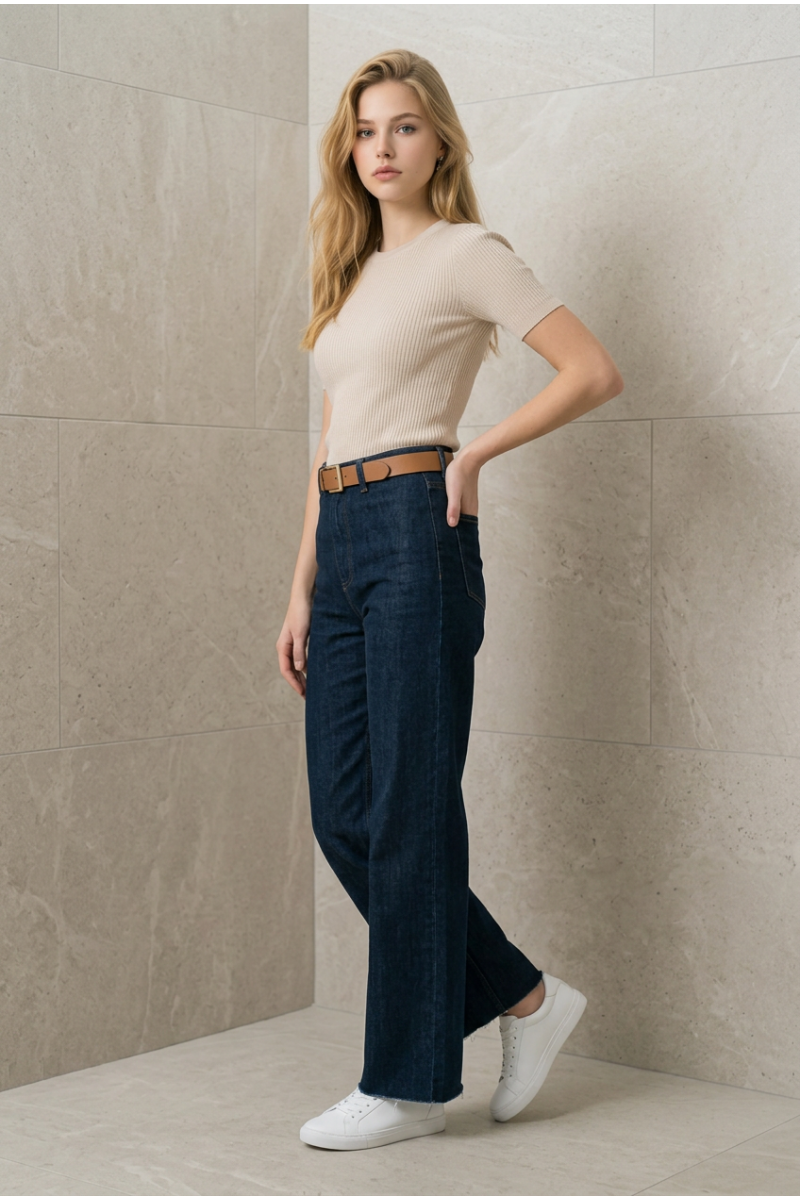KADIN KOYU MAVİ LİKRALI BOL PAÇA CAMEL KEMERLİ KOT PANTOLON JEAN YY101425
