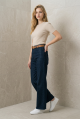 KADIN KOYU MAVİ LİKRALI BOL PAÇA CAMEL KEMERLİ KOT PANTOLON JEAN YY101425