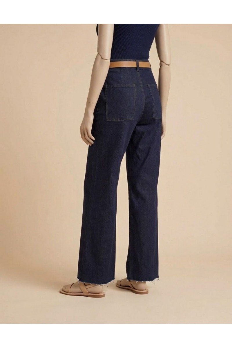 KADIN KOYU MAVİ LİKRALI BOL PAÇA CAMEL KEMERLİ KOT PANTOLON JEAN YY101425