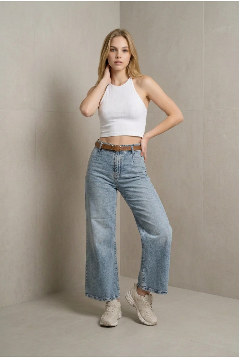 KADIN AÇIK MAVİ TİNTLİ BOL PAÇA BİLEK BOY KEMERLİ JEAN KOT PANTOLON YY101426