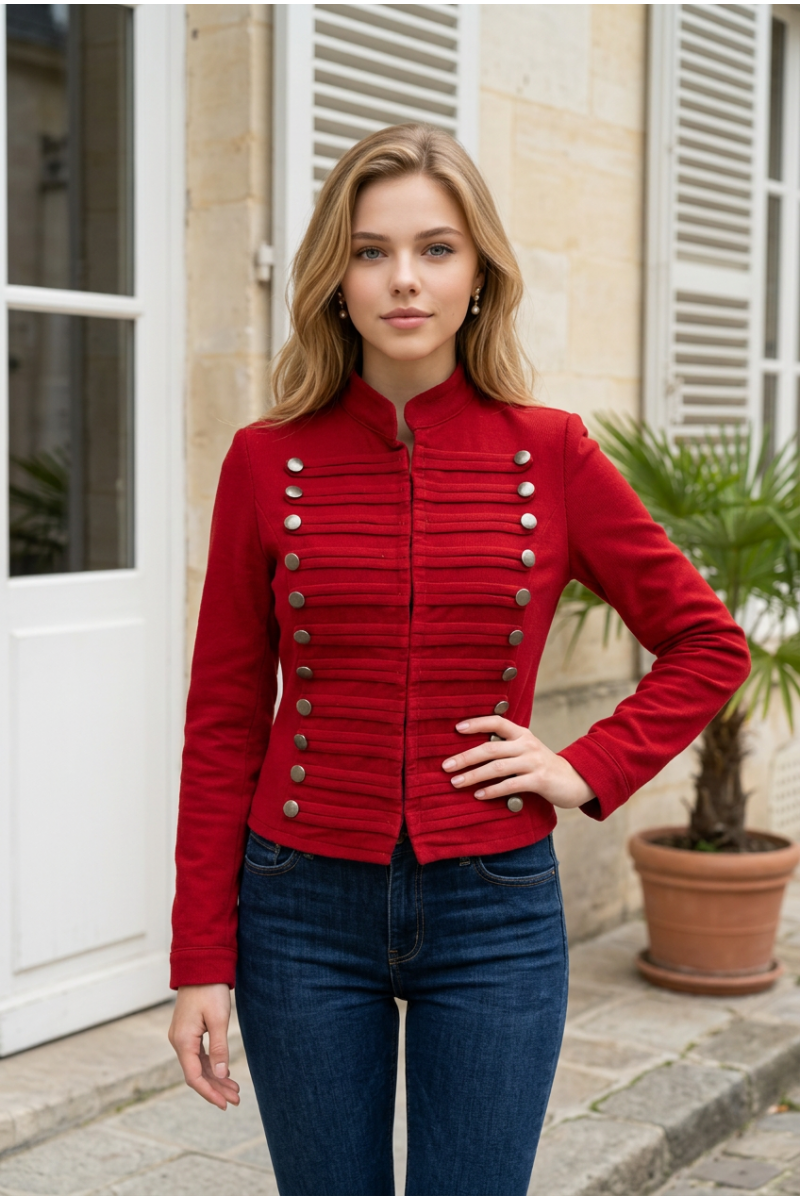 KADIN KIRMIZI ASKERİ BANDO STİL ASTARSIZ GABARDİN KISA MONT CEKET YY101427