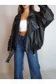 KADIN SİYAH SUNİ DERİ OVERSİZE ASİMETRİK FERMUARLI ASTARLI UZUN BİKER DERİ MONT YY101285