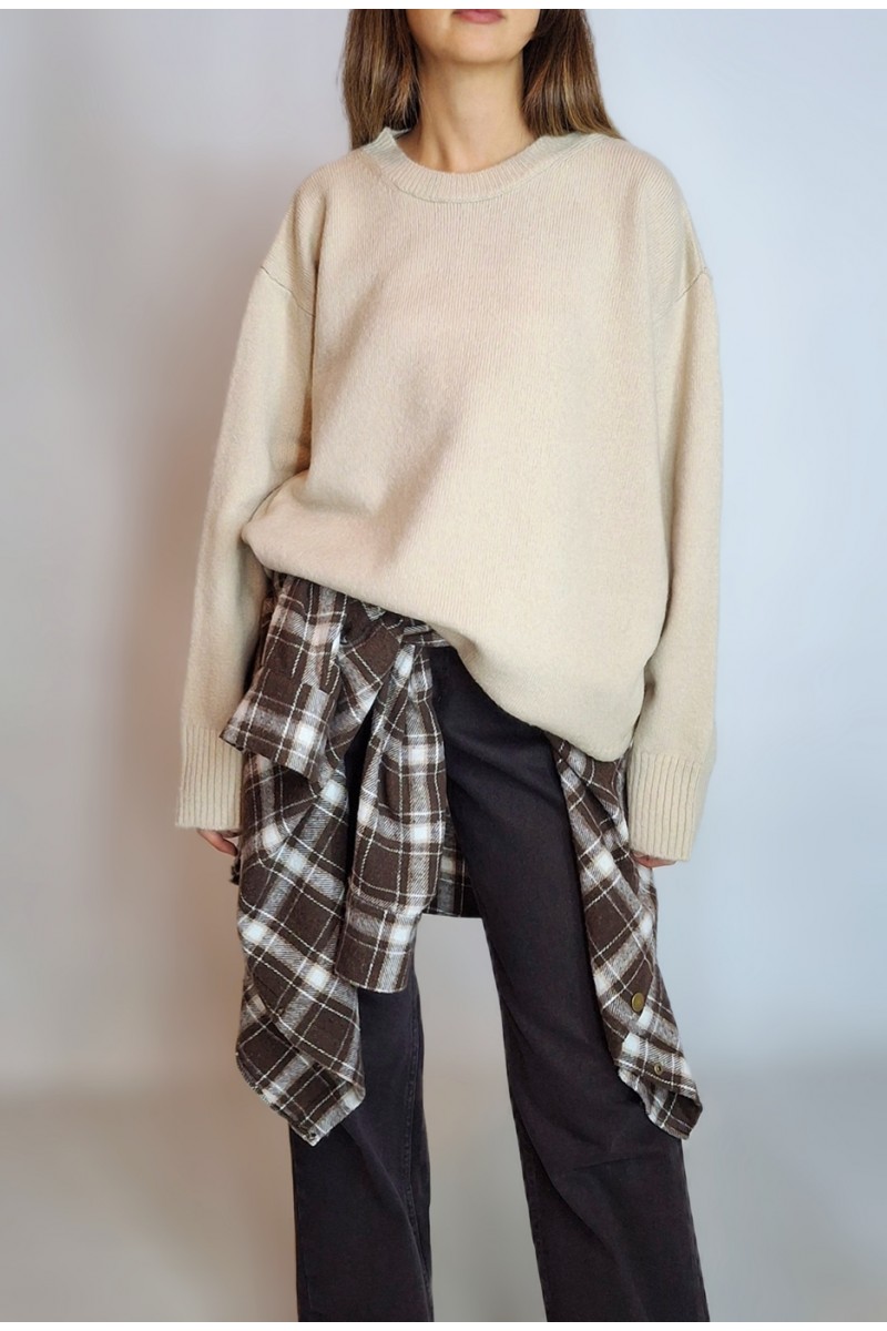 KADIN BEJ OVERSIZE SIFIR YAKA BASIC BOL KAZAK YY101289