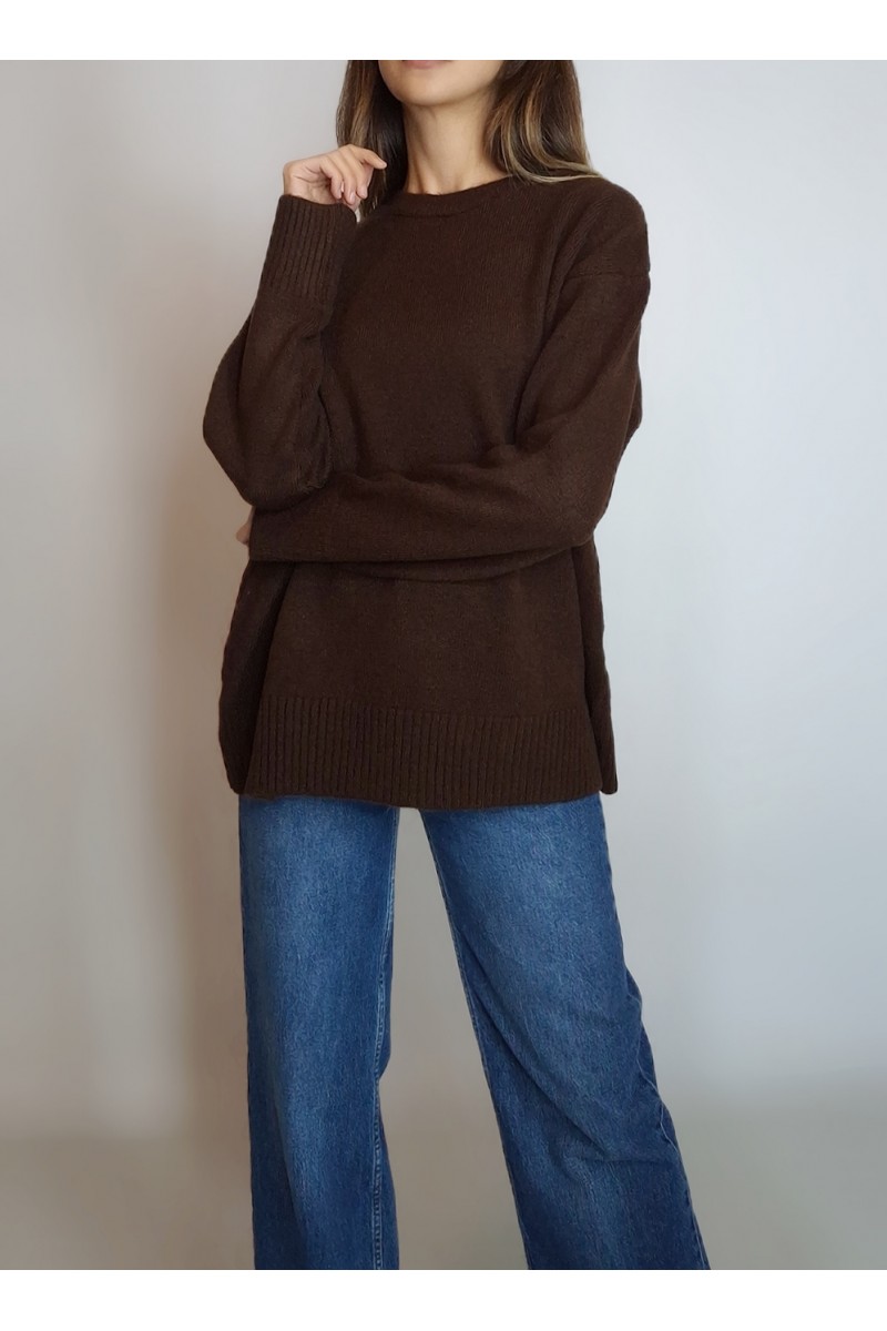 KADIN KAHVERENGİ OVERSIZE SIFIR YAKA BASIC BOL KAZAK YY101289