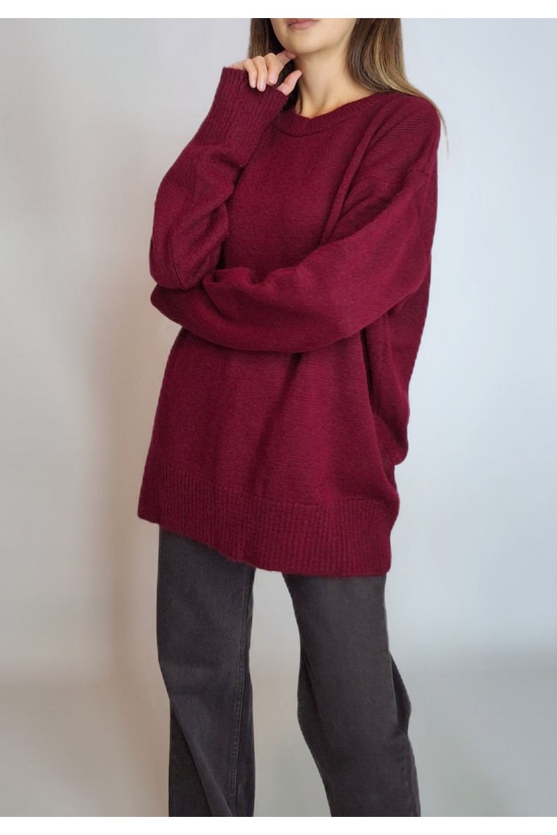 KADIN BORDO OVERSIZE SIFIR YAKA BASIC BOL KAZAK YY101289