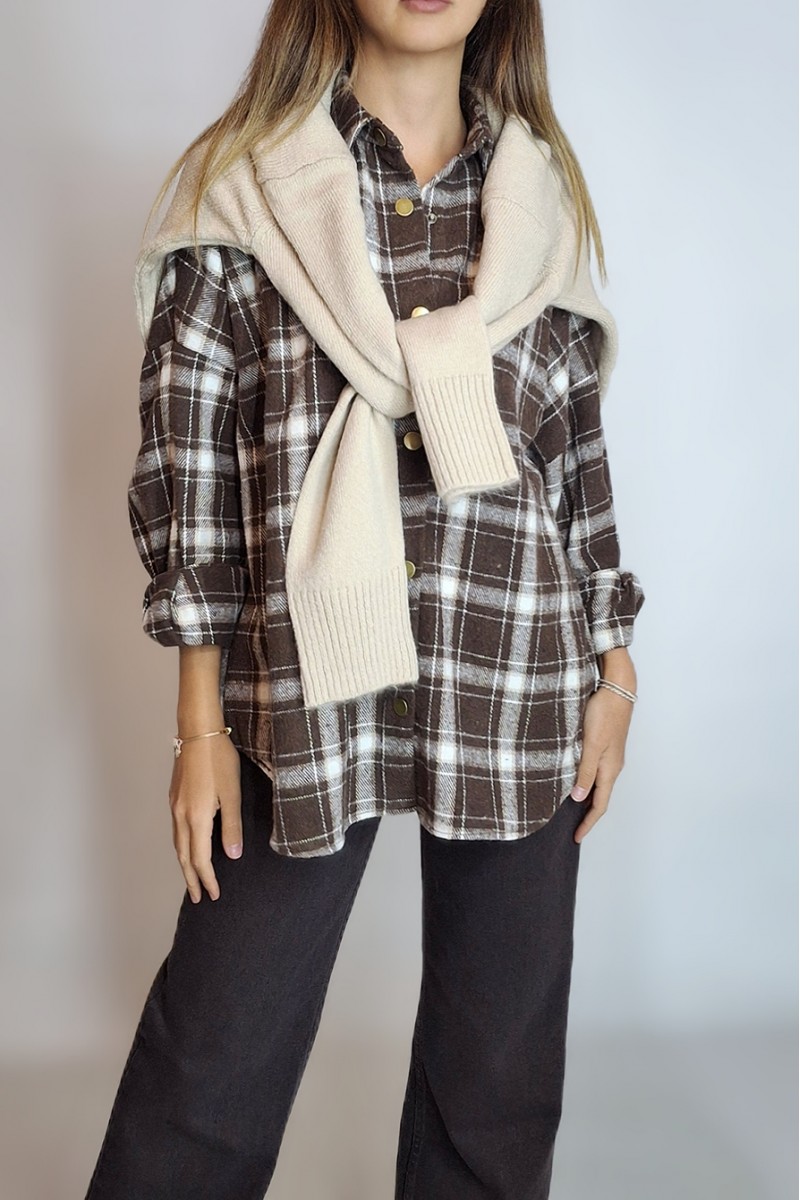 KADIN ACI KAHVE EKOSELİ PAMUK ÇITÇIT KAPAMALI ODUNCU GÖMLEK YY101293