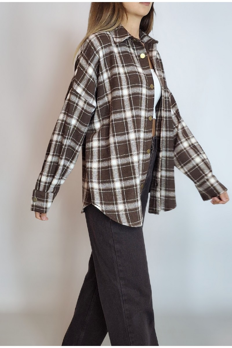 KADIN ACI KAHVE EKOSELİ PAMUK ÇITÇIT KAPAMALI ODUNCU GÖMLEK YY101293