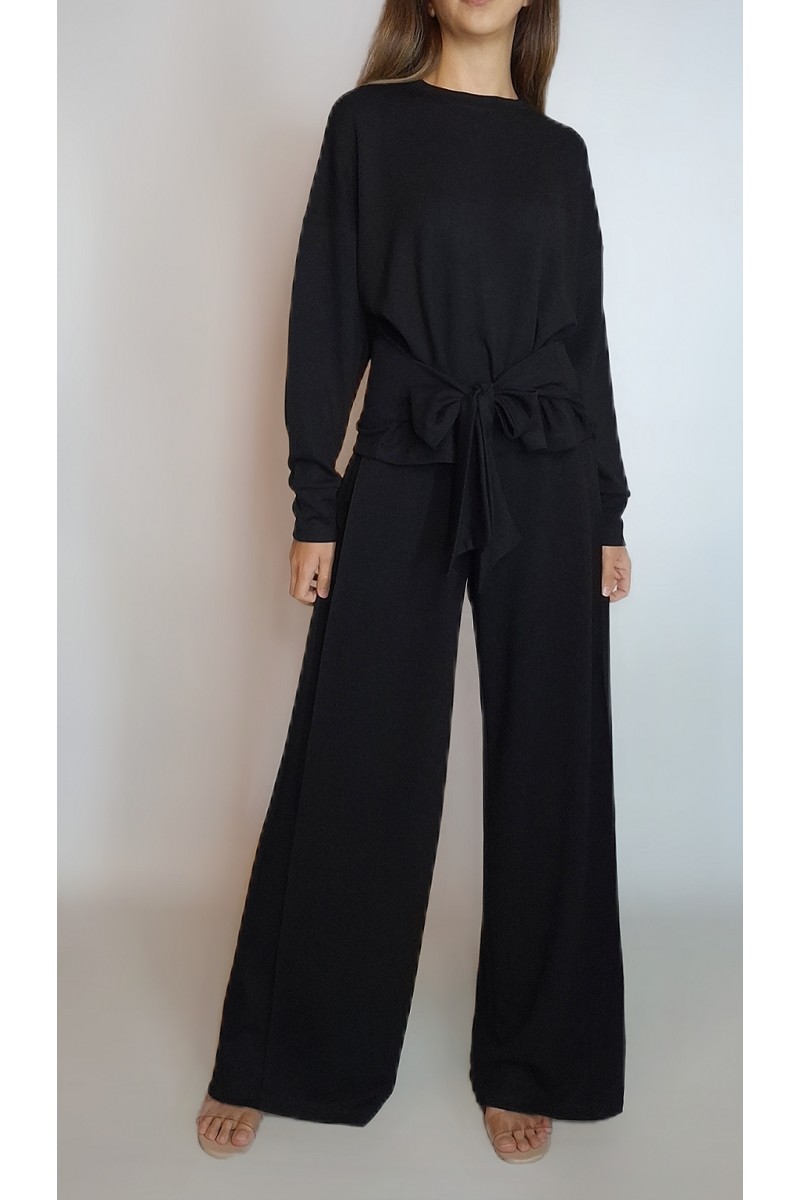 Kadın Siyah Belden Bağcık Detaylı Dalgıç Penye Pantolonlu Modal Takım YY101295