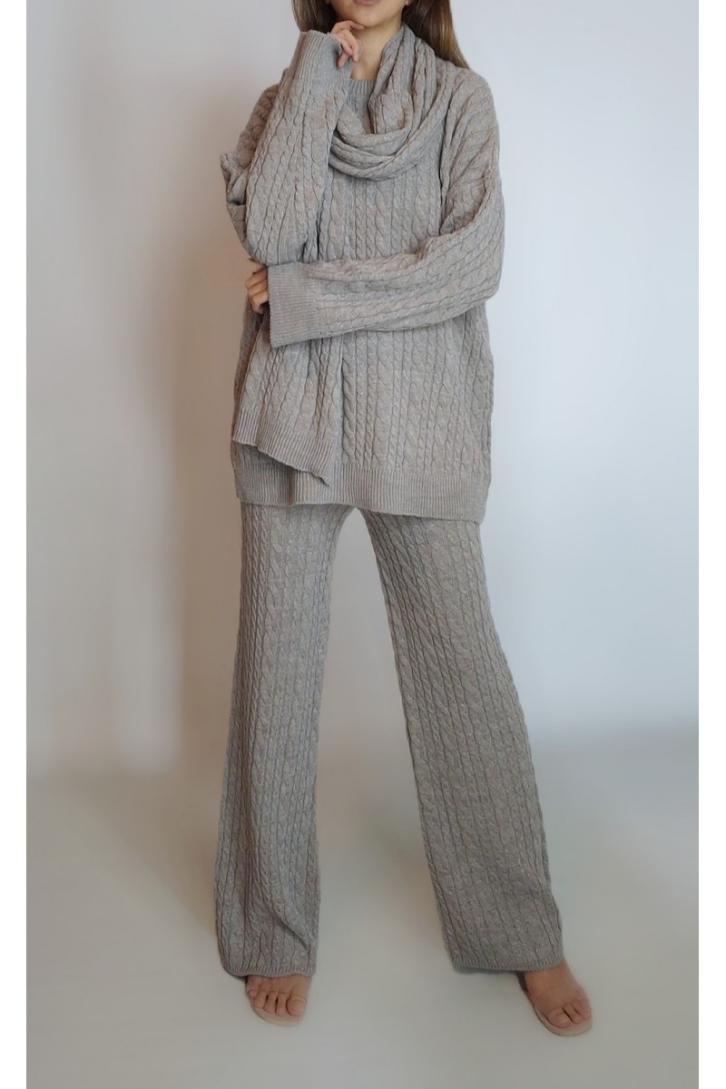 Kadın Bej Vizon Saç Örgü Desenli Kazak Pantolon Atkı Üçlü Triko Takım YY101300