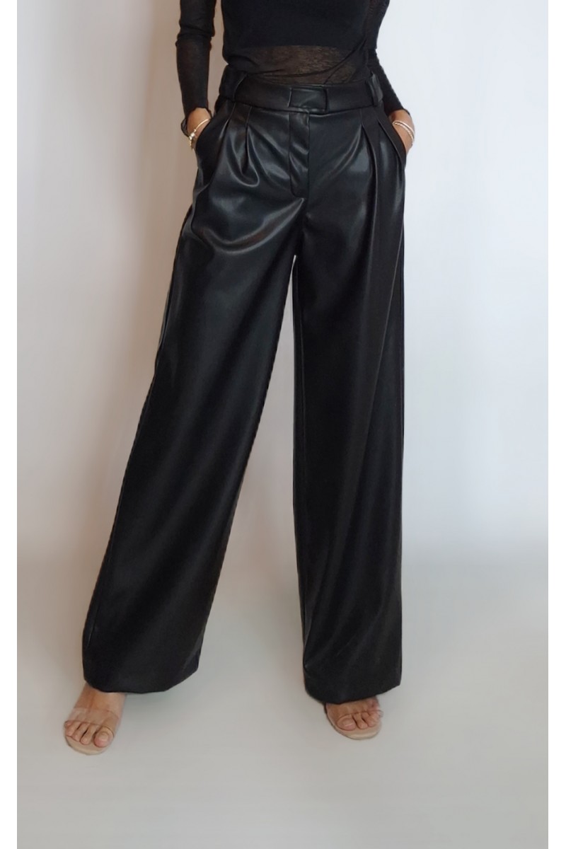 Kadın Siyah Suni Deri Palazzo Pantolon YY101302