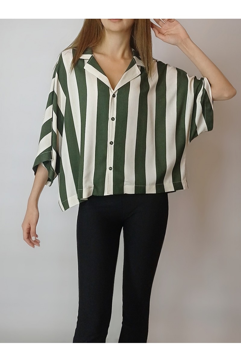 KADIN HAKİ EKRU BLOK ÇİZGİLİ OVERSIZE VİSKON GÖMLEK YY101149