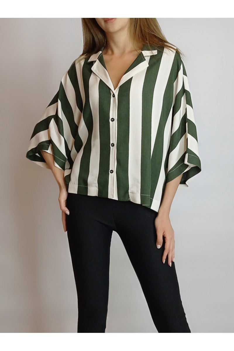 KADIN HAKİ EKRU BLOK ÇİZGİLİ OVERSIZE VİSKON GÖMLEK YY101149