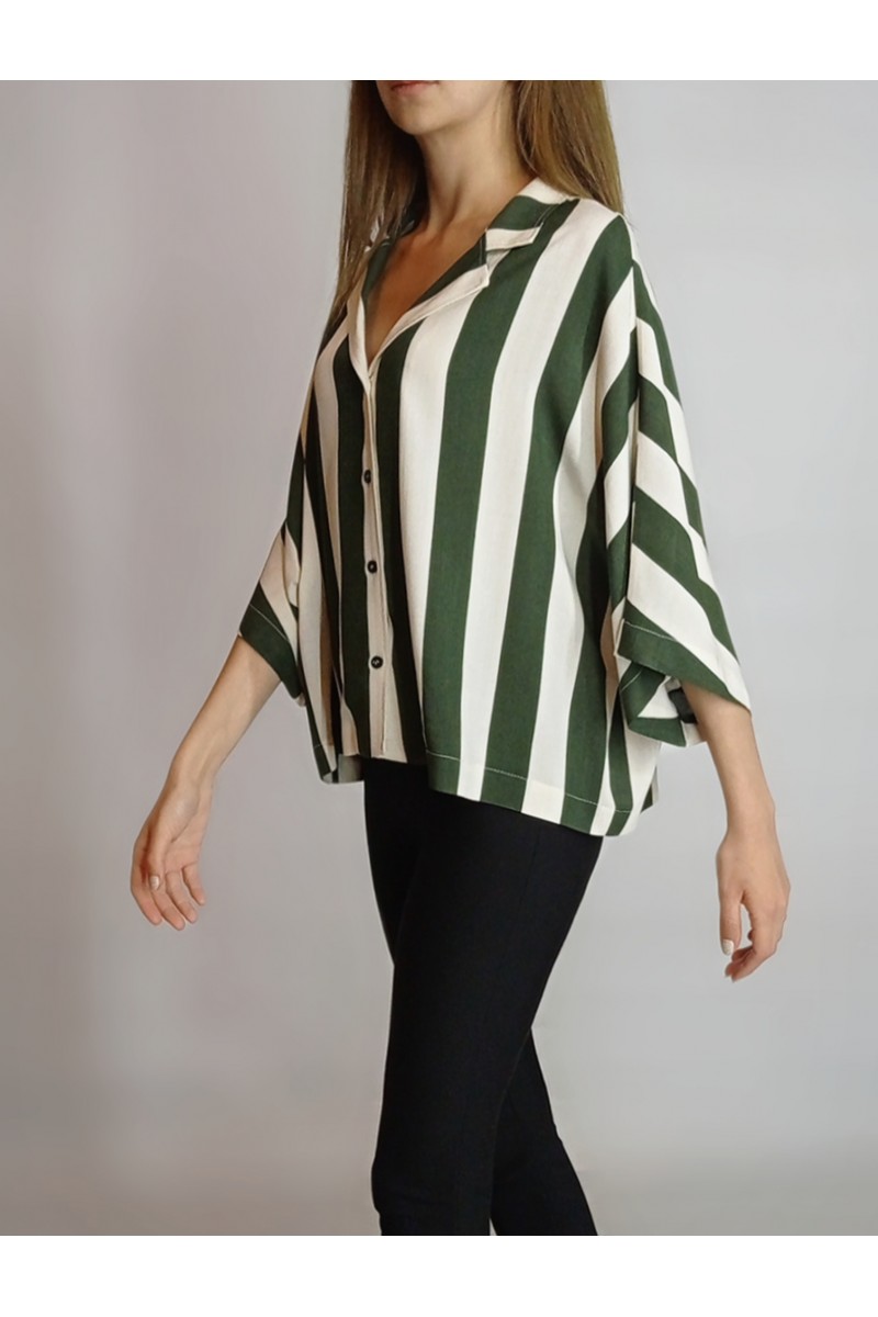 KADIN HAKİ EKRU BLOK ÇİZGİLİ OVERSIZE VİSKON GÖMLEK YY101149