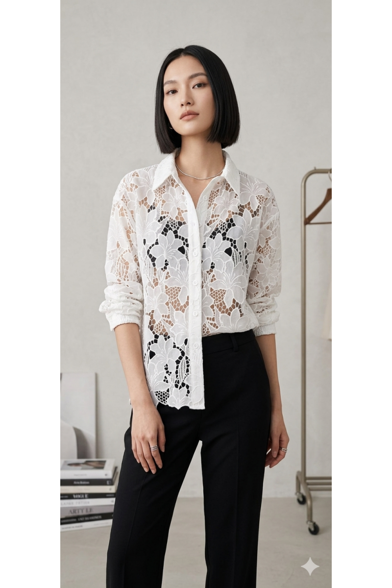 KADIN BEYAZ GÜPÜR KUMAŞ TRANSPARAN TASARIM GÖMLEK YY101372