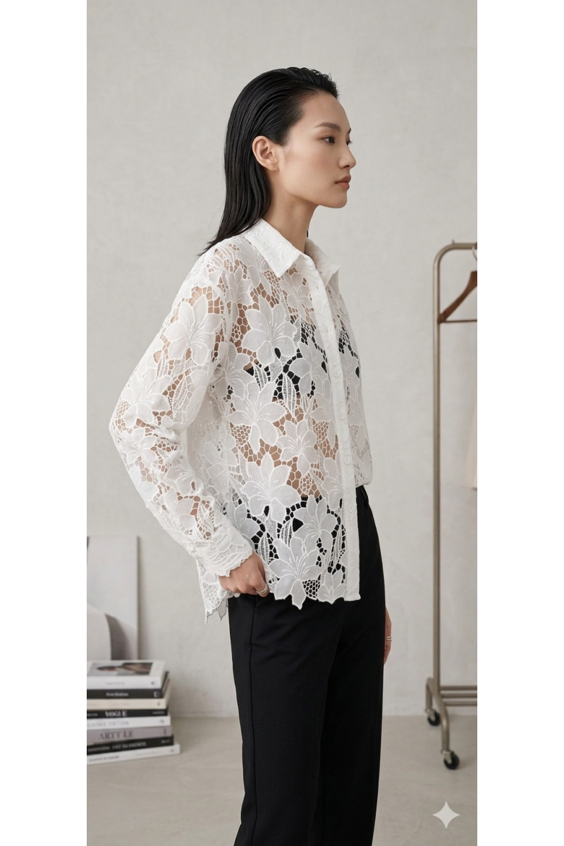 KADIN BEYAZ GÜPÜR KUMAŞ TRANSPARAN TASARIM GÖMLEK YY101372