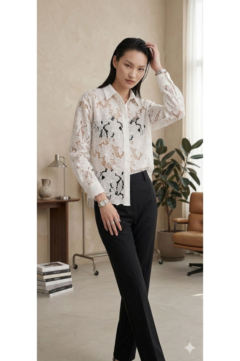 KADIN BEYAZ GÜPÜR KUMAŞ TRANSPARAN TASARIM GÖMLEK YY101372