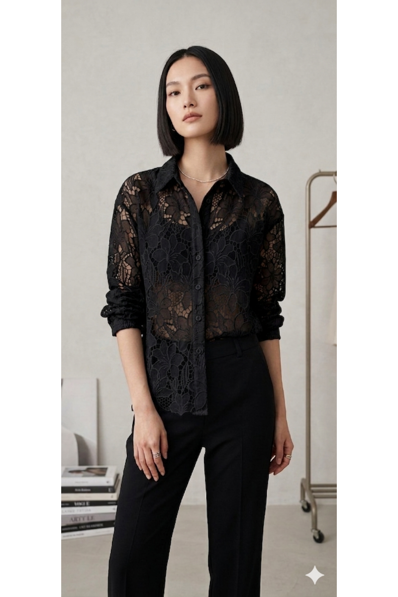 KADIN SİYAH GÜPÜR KUMAŞ TRANSPARAN TASARIM GÖMLEK YY101372