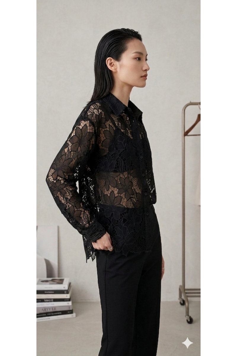 KADIN SİYAH GÜPÜR KUMAŞ TRANSPARAN TASARIM GÖMLEK YY101372