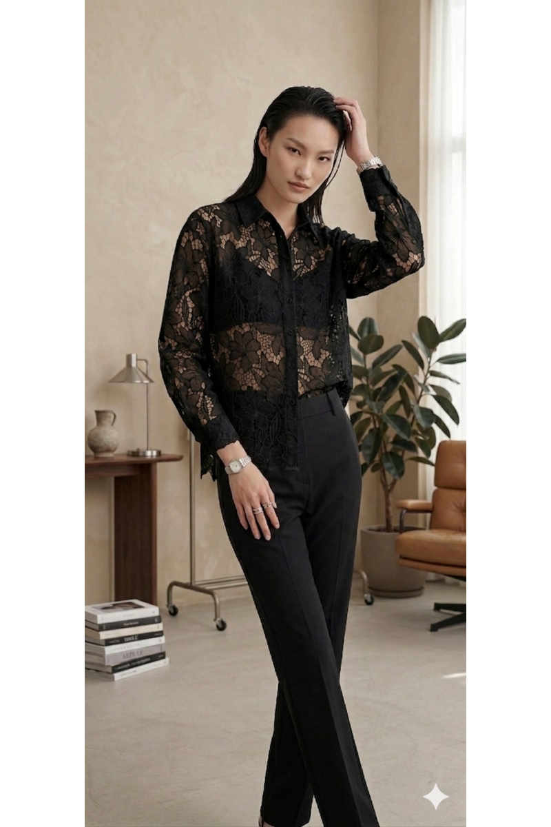 KADIN SİYAH GÜPÜR KUMAŞ TRANSPARAN TASARIM GÖMLEK YY101372