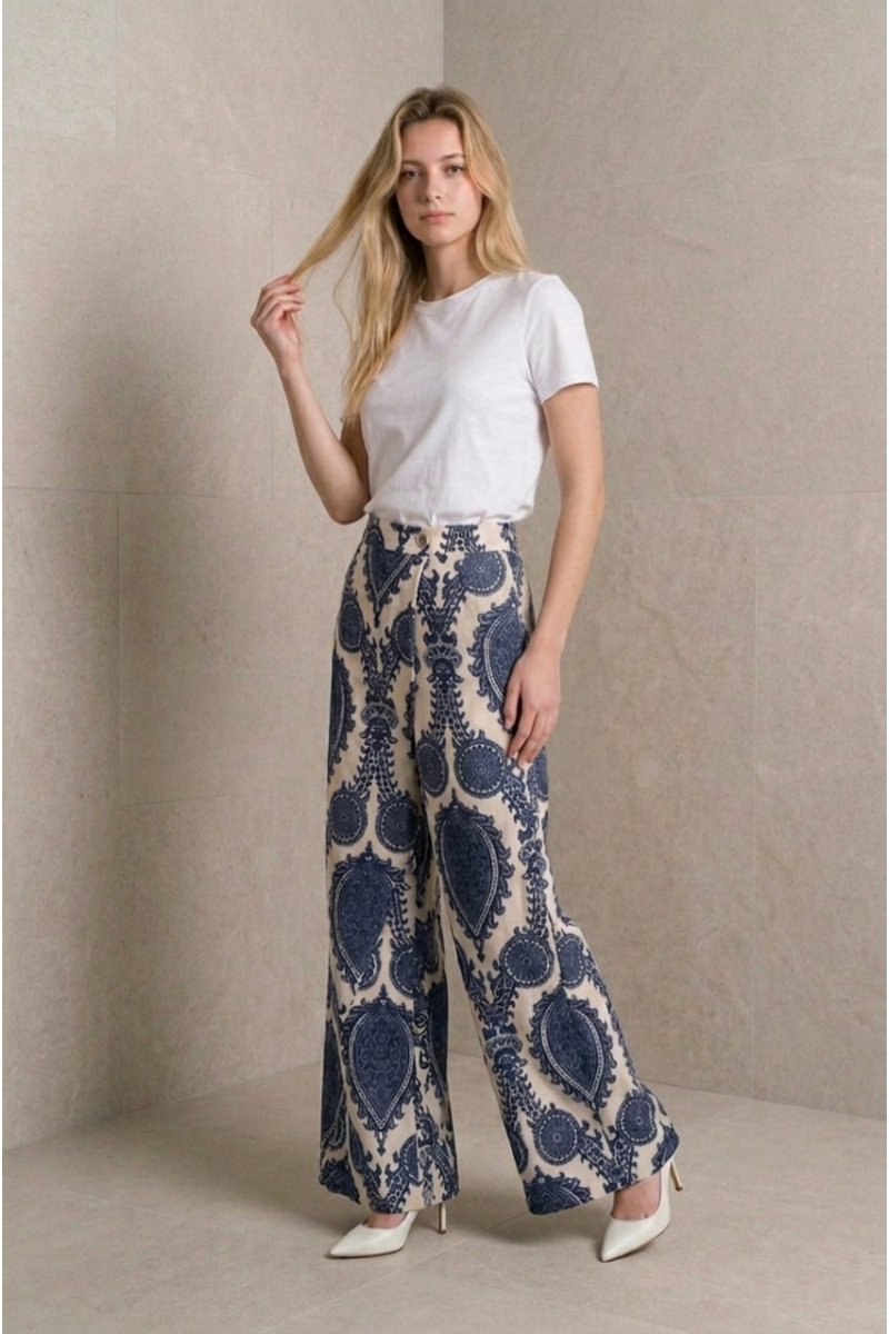 KADIN LACİVERT ŞAL DESENLİ BOL PAÇA KAPAKLI VİSKON PANTOLON YY101396