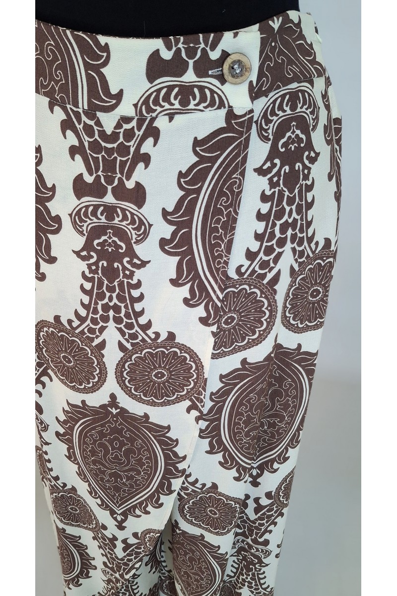 KADIN KAHVERENGİ ŞAL DESENLİ BOL PAÇA KAPAKLI VİSKON PANTOLON YY101396