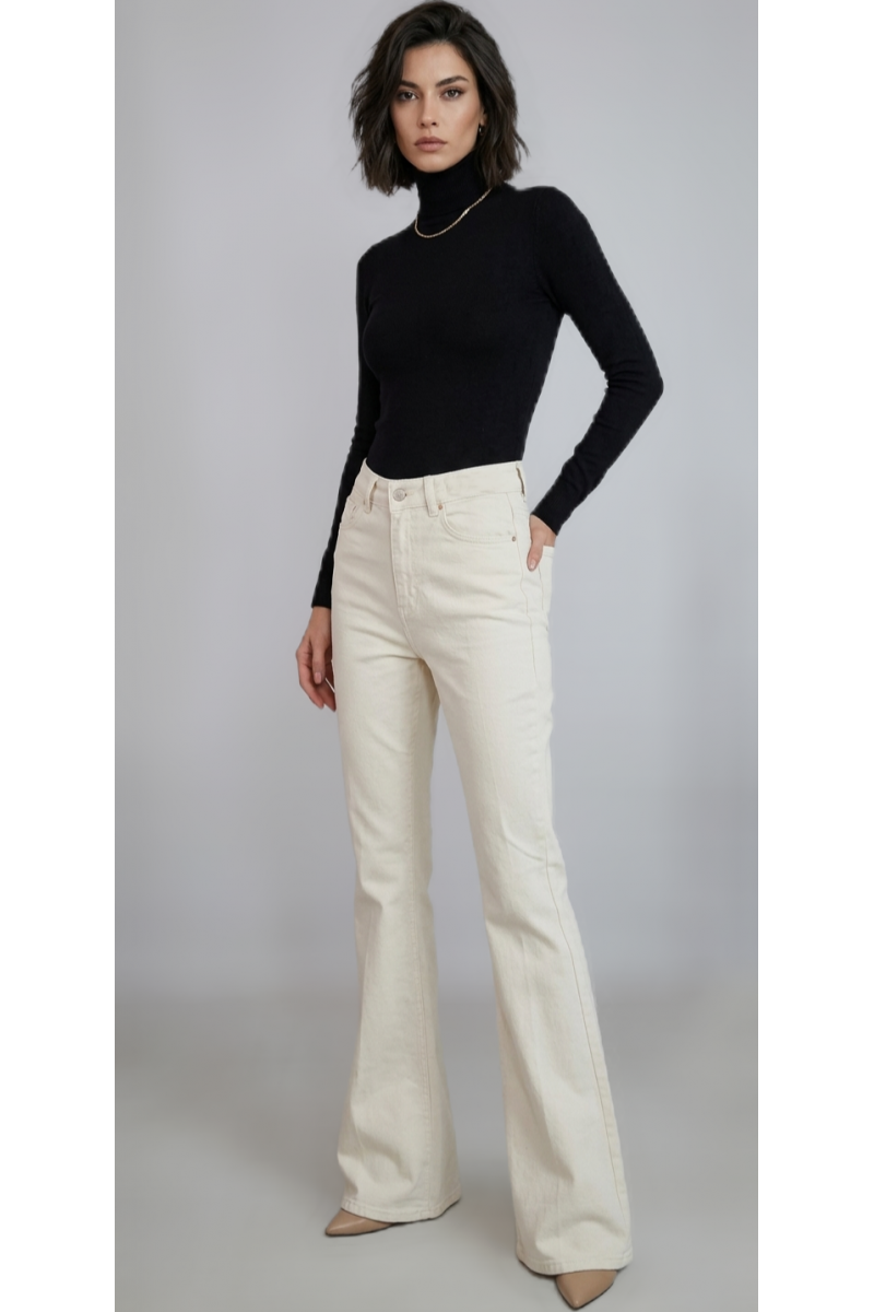 KADIN EKRU LİKRALI İSPANYOL PAÇA GABARDİN KOT PANTOLON JEAN YY101403