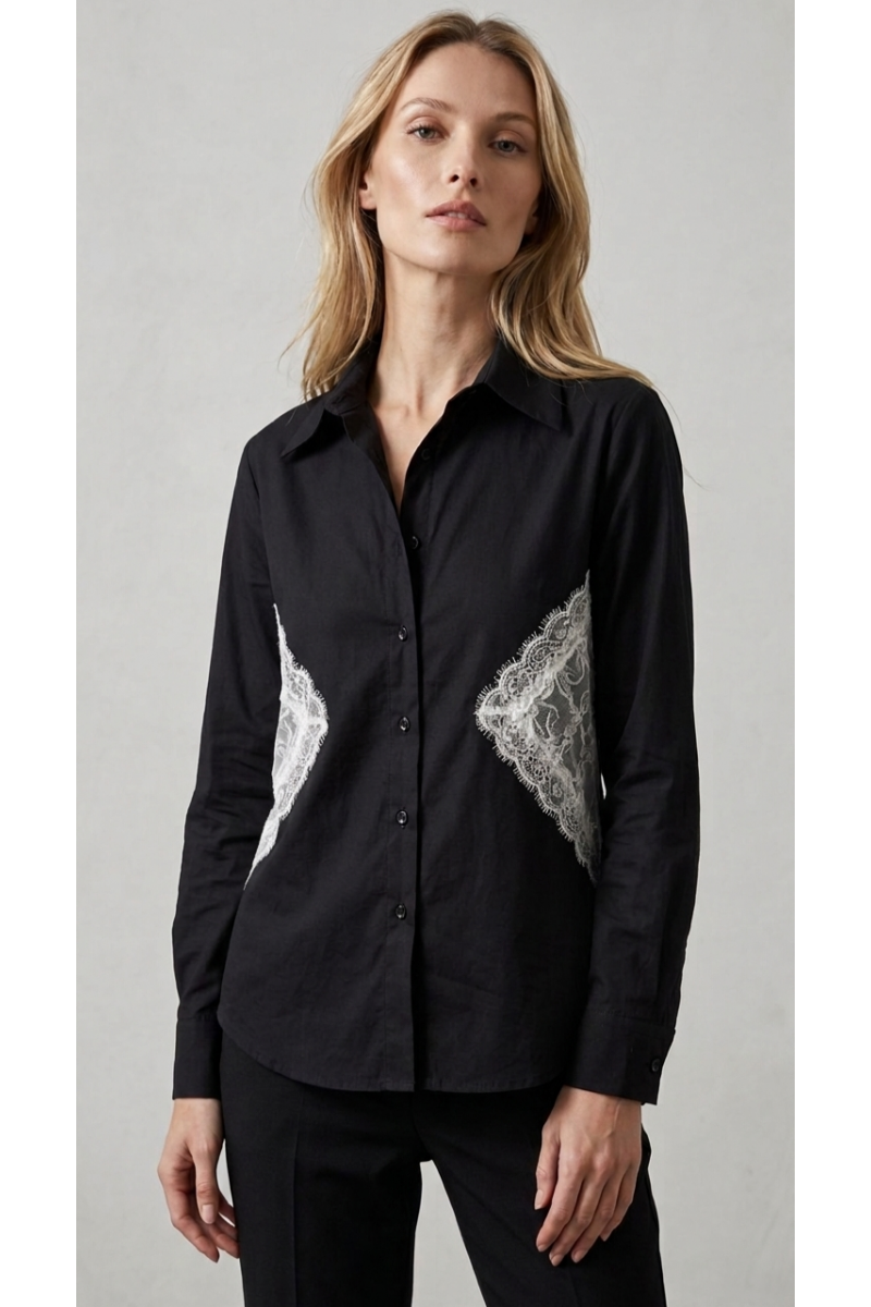 KADIN SİYAH BELİ BEYAZ DANTEL DETAYLI TASARIM GÖMLEK YY101409