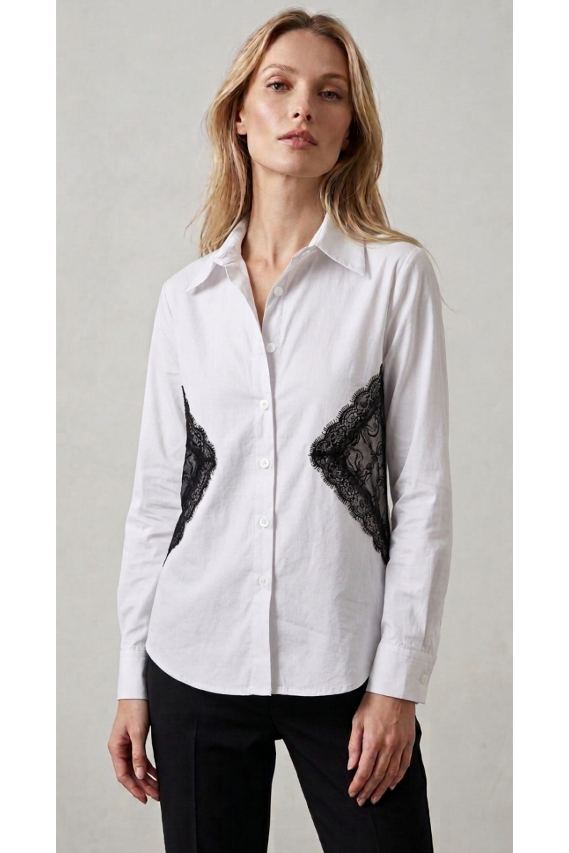 KADIN BEYAZ BELİ SİYAH DANTEL DETAYLI TASARIM GÖMLEK YY101409
