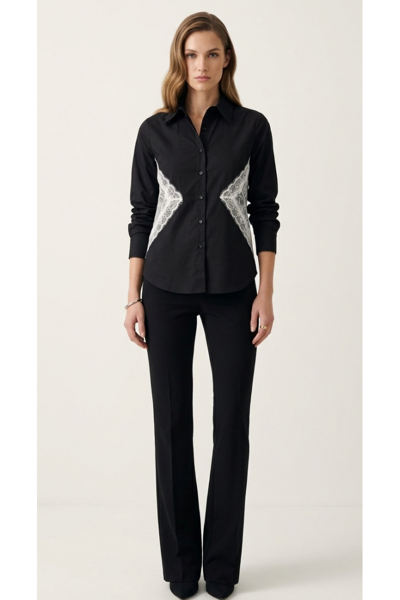 KADIN SİYAH BELİ BEYAZ DANTEL DETAYLI TASARIM GÖMLEK YY101409