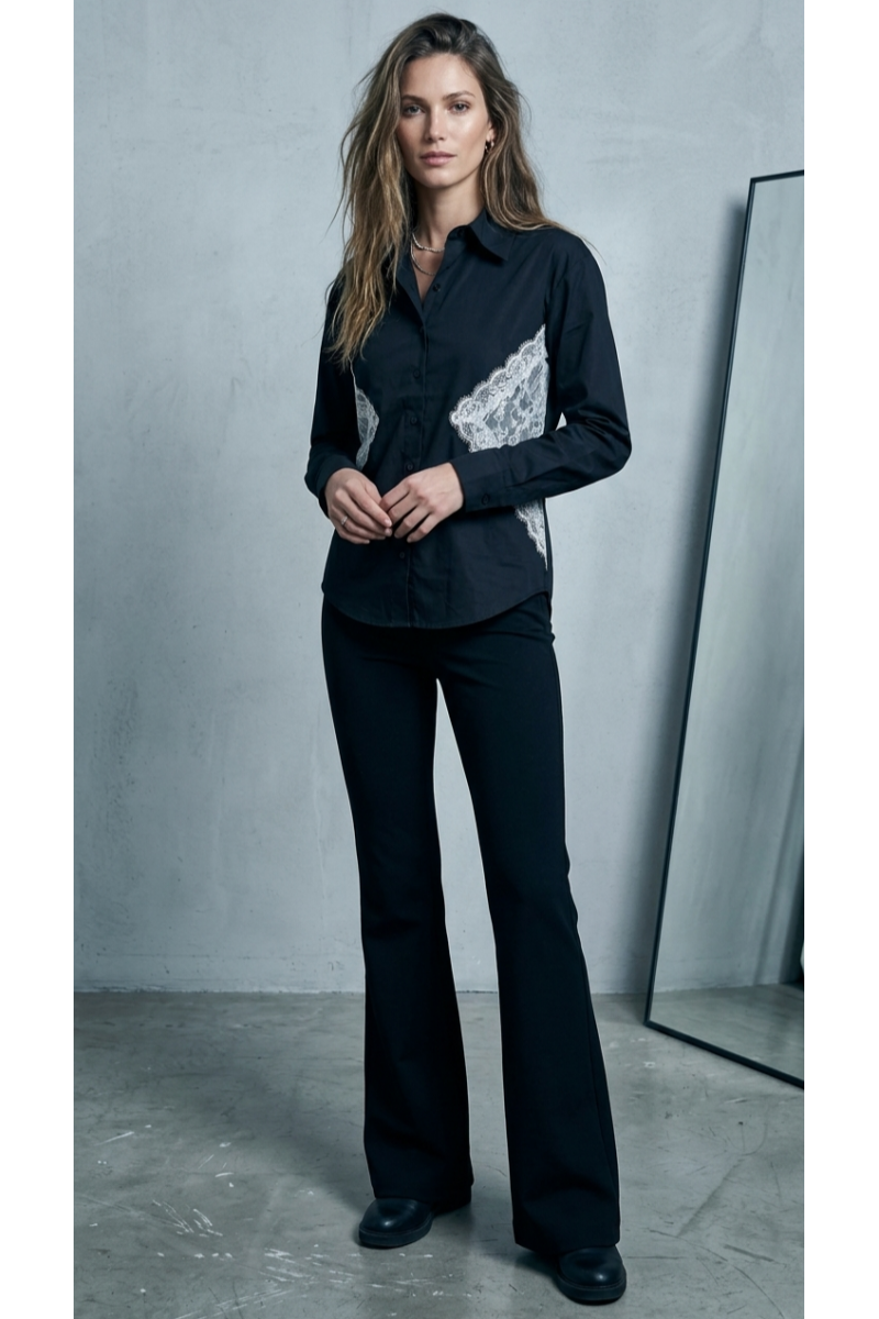 KADIN SİYAH BELİ BEYAZ DANTEL DETAYLI TASARIM GÖMLEK YY101409