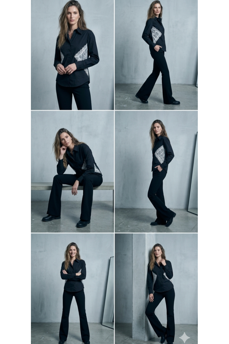 KADIN SİYAH BELİ BEYAZ DANTEL DETAYLI TASARIM GÖMLEK YY101409