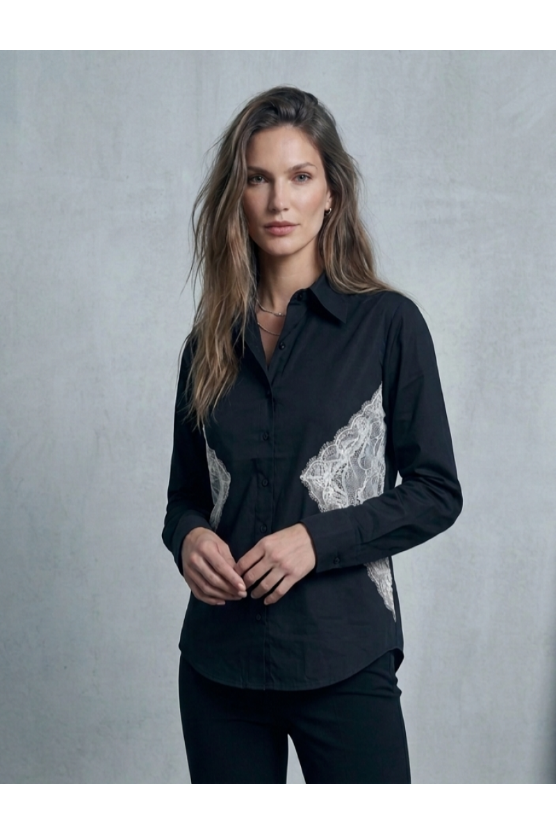 KADIN SİYAH BELİ BEYAZ DANTEL DETAYLI TASARIM GÖMLEK YY101409