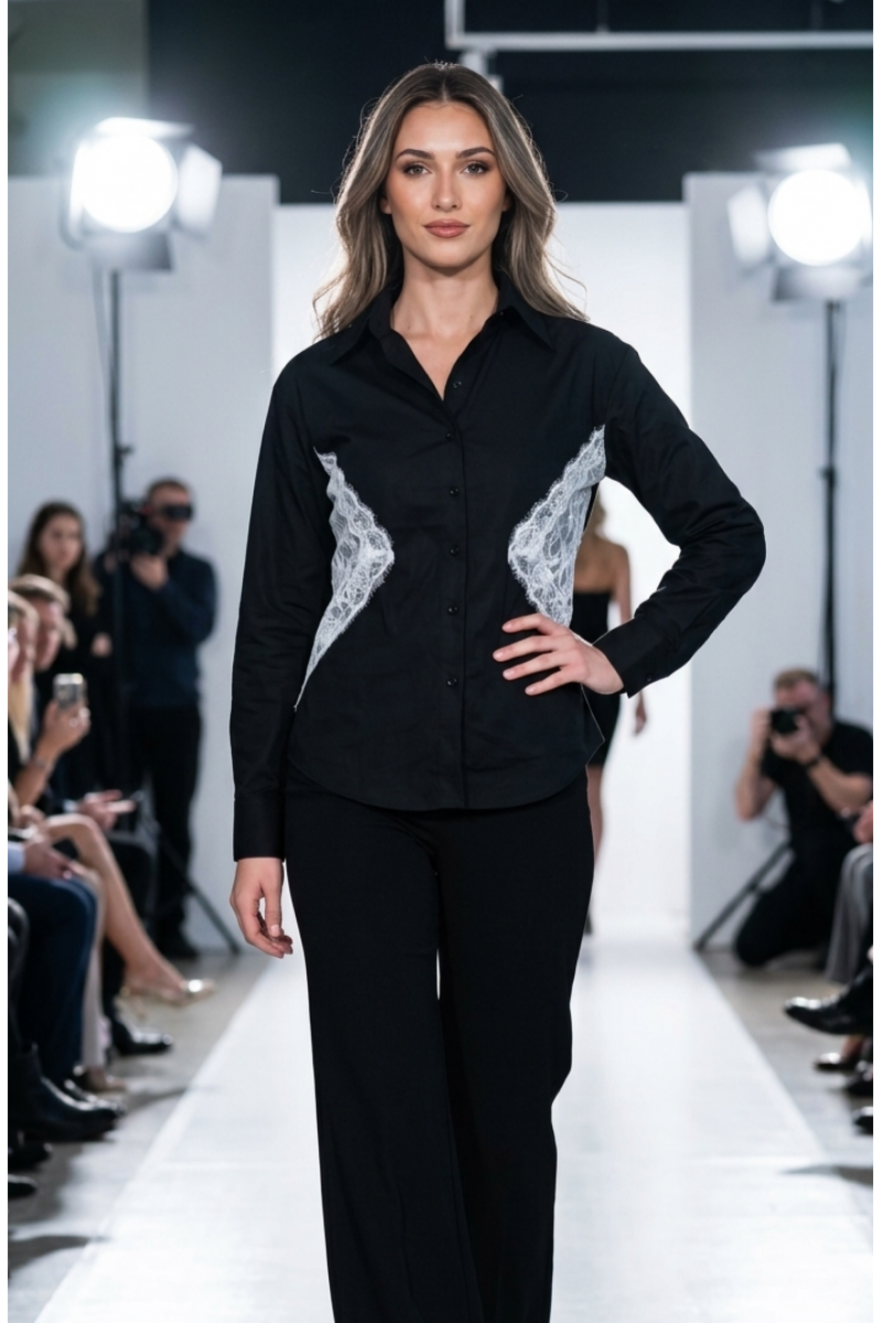 KADIN SİYAH BELİ BEYAZ DANTEL DETAYLI TASARIM GÖMLEK YY101409