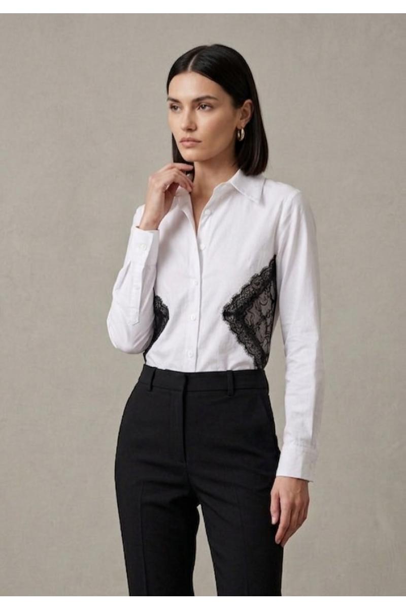 KADIN BEYAZ BELİ SİYAH DANTEL DETAYLI TASARIM GÖMLEK YY101409