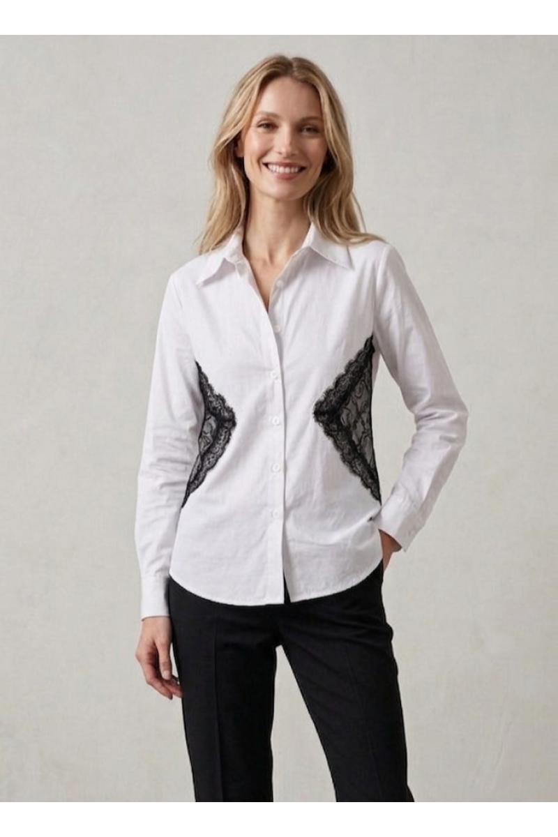 KADIN BEYAZ BELİ SİYAH DANTEL DETAYLI TASARIM GÖMLEK YY101409
