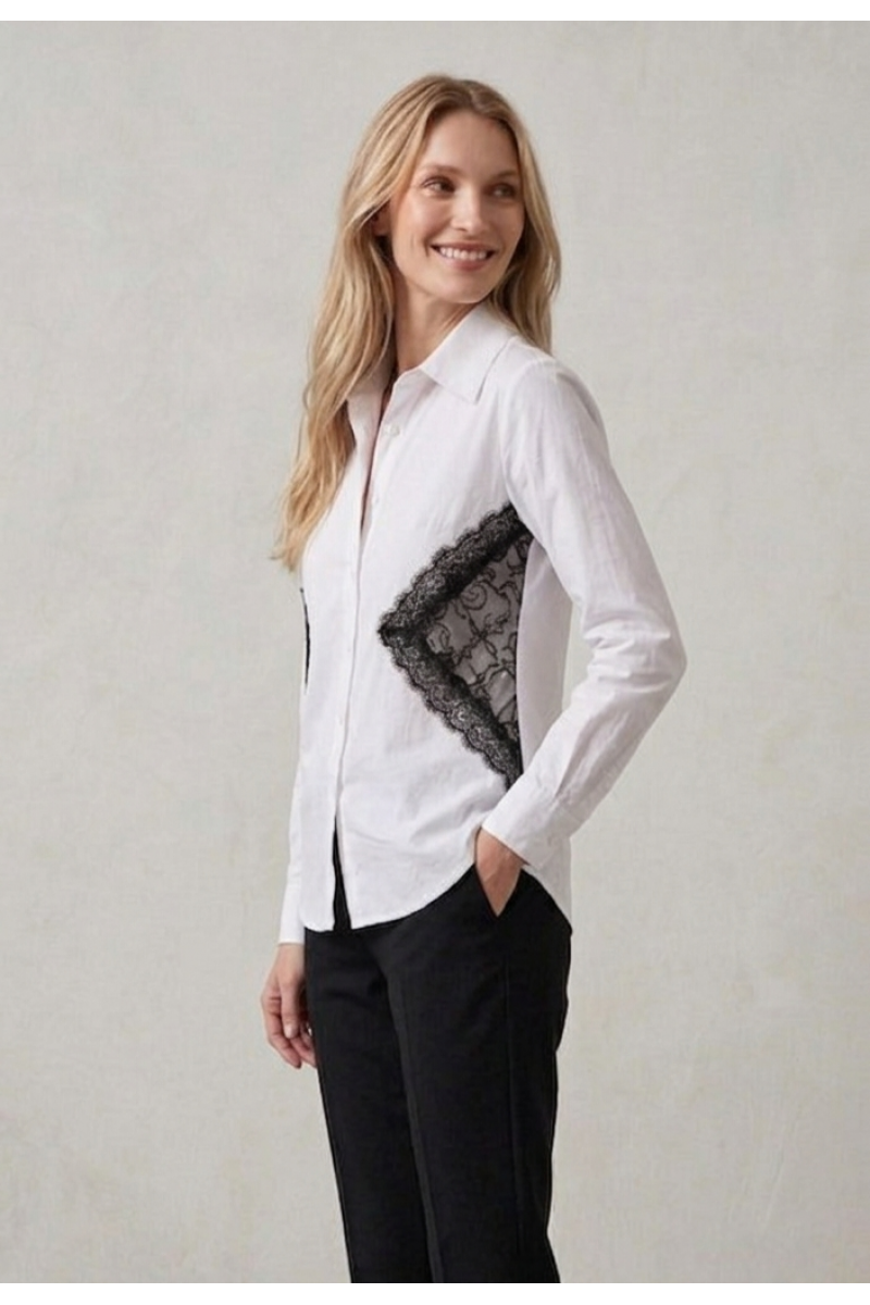 KADIN BEYAZ BELİ SİYAH DANTEL DETAYLI TASARIM GÖMLEK YY101409