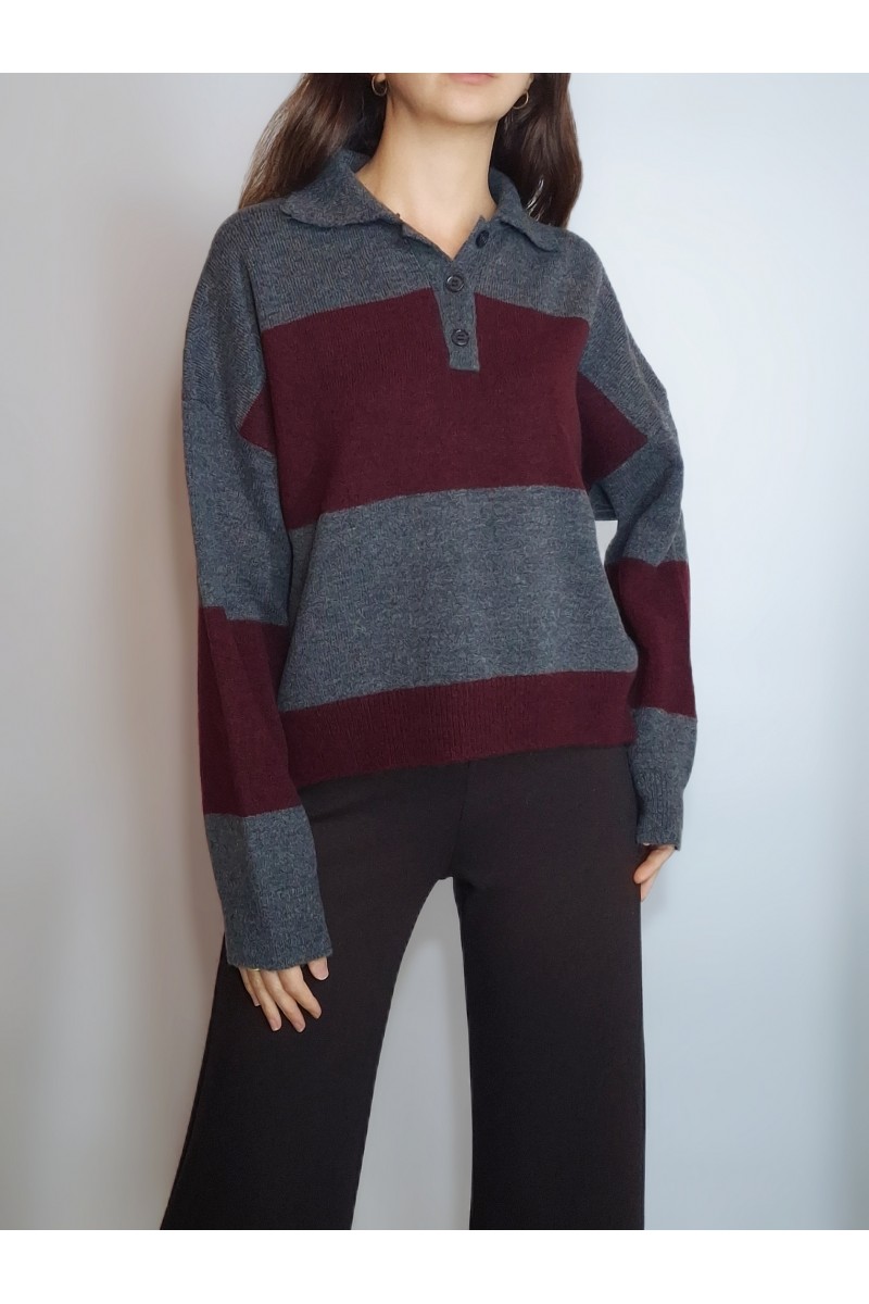 KADIN BORDO GRİ BLOK ÇİZGİLİ POLO YAKA TRİKO KAZAK YY101316