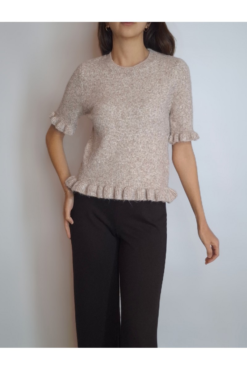 KADIN BEJ KOL VE ETEK UCU FIRFIRLI KISA KOLLU TRİKO KAZAK YY101329