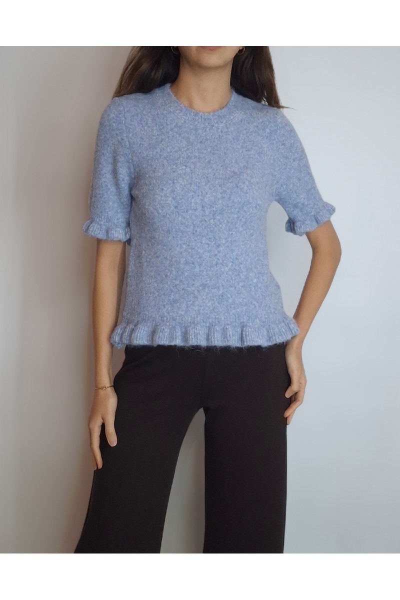 KADIN MAVİ KOL VE ETEK UCU FIRFIRLI KISA KOLLU TRİKO KAZAK YY101329 