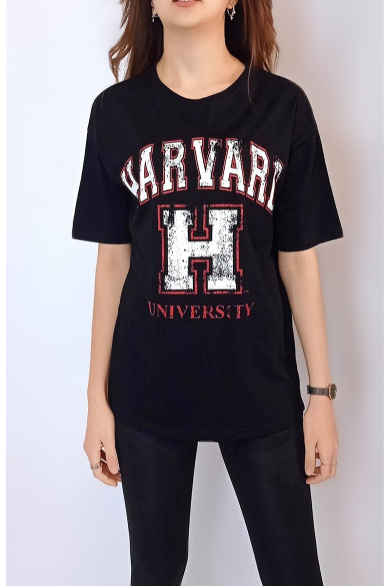 KADIN SİYAH HARVARD YAZI BASKILI T-SHIRT YY100735
