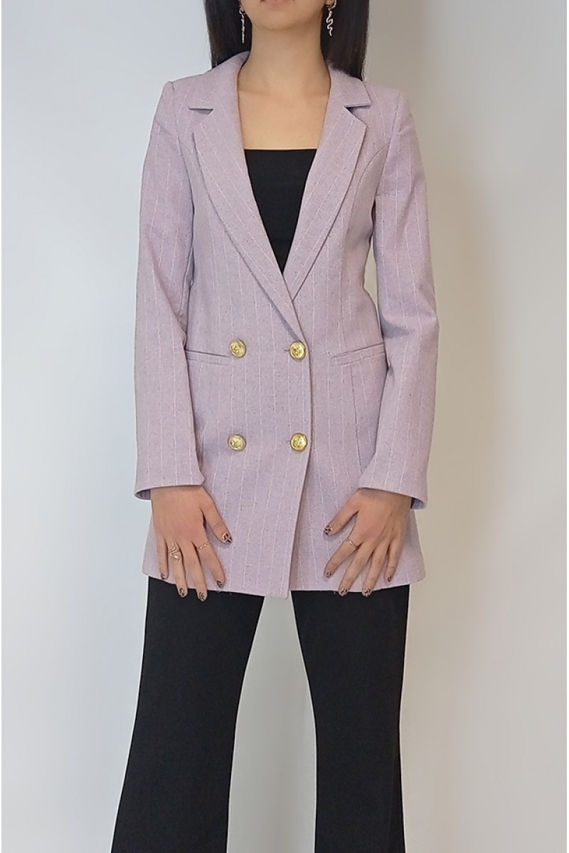 Kadın Beyaz Çizgili Lila Keten Astarlı Gold Düğmeli Blazer Ceket YY101032