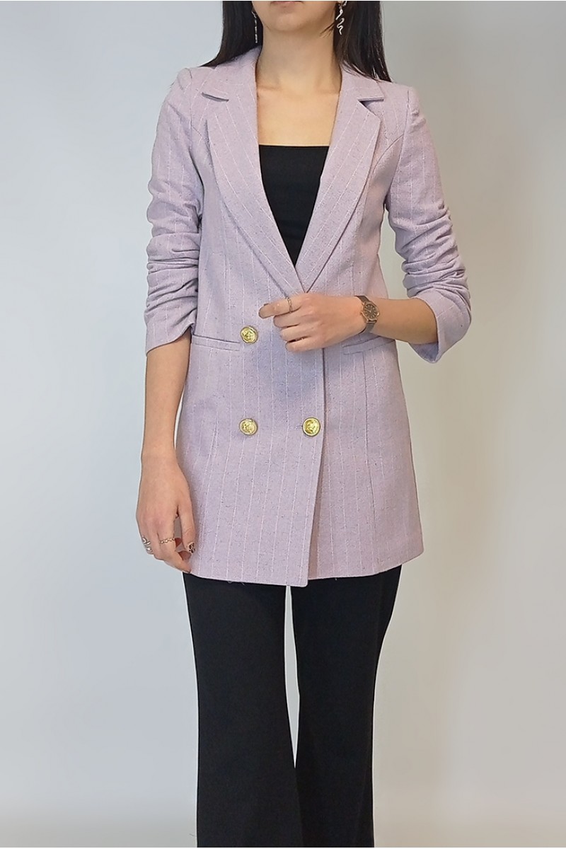 Kadın Beyaz Çizgili Lila Keten Astarlı Gold Düğmeli Blazer Ceket YY101032