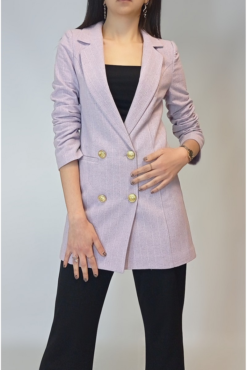 Kadın Beyaz Çizgili Lila Keten Astarlı Gold Düğmeli Blazer Ceket YY101032