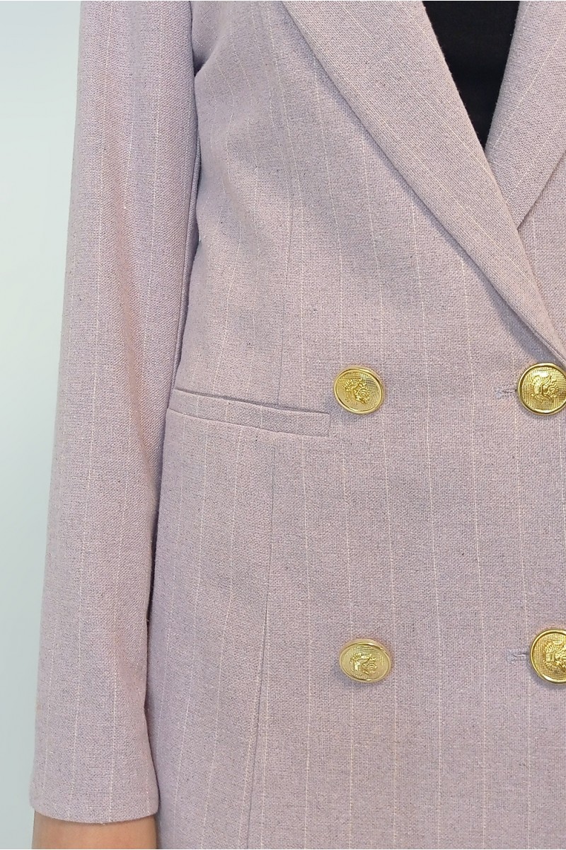 Kadın Beyaz Çizgili Lila Keten Astarlı Gold Düğmeli Blazer Ceket YY101032