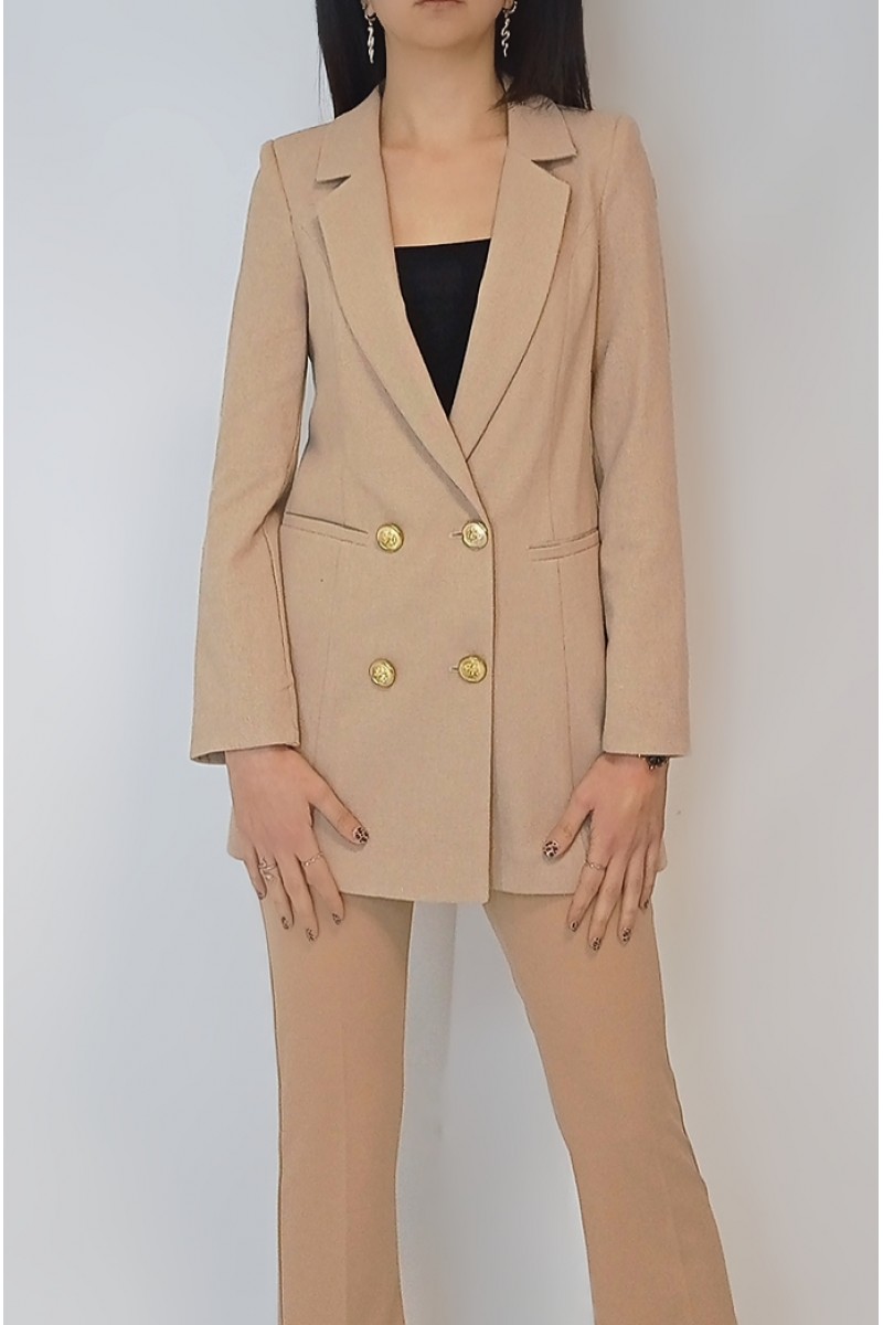 Kadın Camel Keten Astarlı Gold Düğmeli Blazer Ceket YY101032